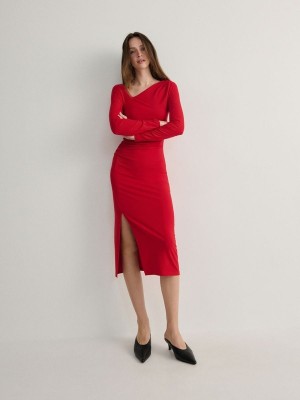 Reserved Asymmetric Neckline Jurk Dames Rood | YZMRA-6539