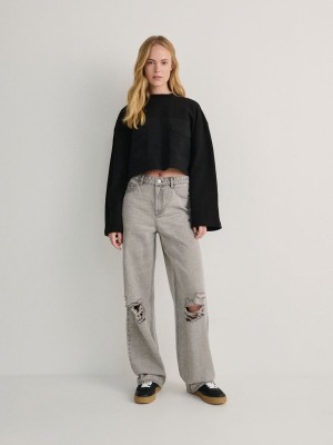 Reserved Combined Fabrics Cropped Sweatshirts Dames Zwart | RHWGP-0937