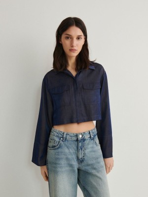 Reserved Cropped Satin Overhemd Dames Donkerblauw | CGQFJ-5697