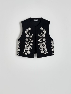 Reserved Embroidery Detailing Vest Dames Zwart | QBPKA-1427