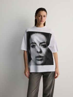 Reserved Katoenen T-print T-shirts Dames Zwart | JXQNC-9128