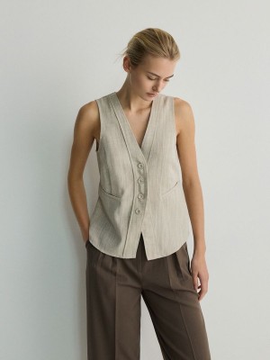 Reserved Linen Blend Vest Dames Beige | IDOLY-0284