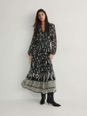 Reserved Patterned Maxi Jurk Dames Zwart | EXNHD-6294