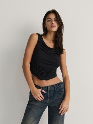 Reserved Shirred Crop Top T-shirts Dames Zwart | TMJFR-5146