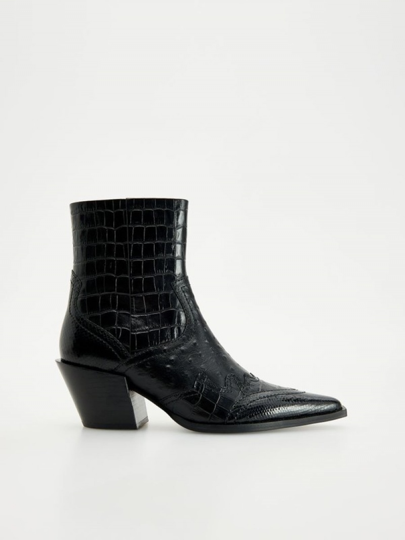 Reserved Embossed Leren Cowboy Boots Enkellaarzen Dames Zwart | PTAGM-2639