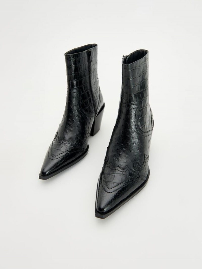 Reserved Embossed Leren Cowboy Boots Enkellaarzen Dames Zwart | PTAGM-2639