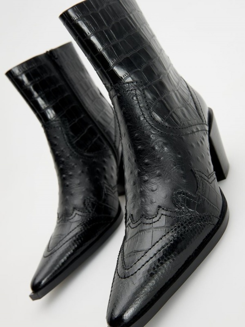 Reserved Embossed Leren Cowboy Boots Enkellaarzen Dames Zwart | PTAGM-2639