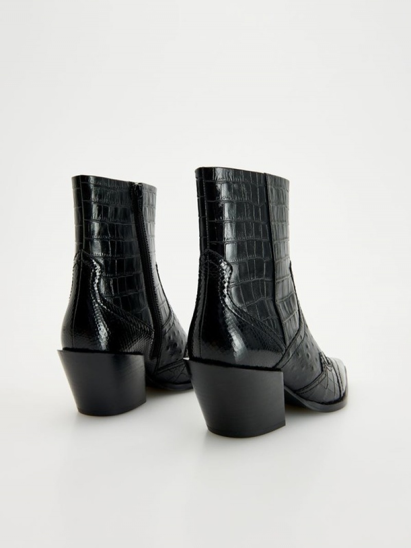 Reserved Embossed Leren Cowboy Boots Enkellaarzen Dames Zwart | PTAGM-2639