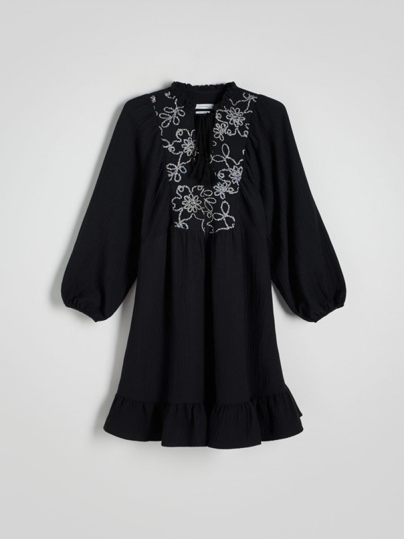 Reserved Embroidered Jurk Dames Zwart | KIDEU-3524