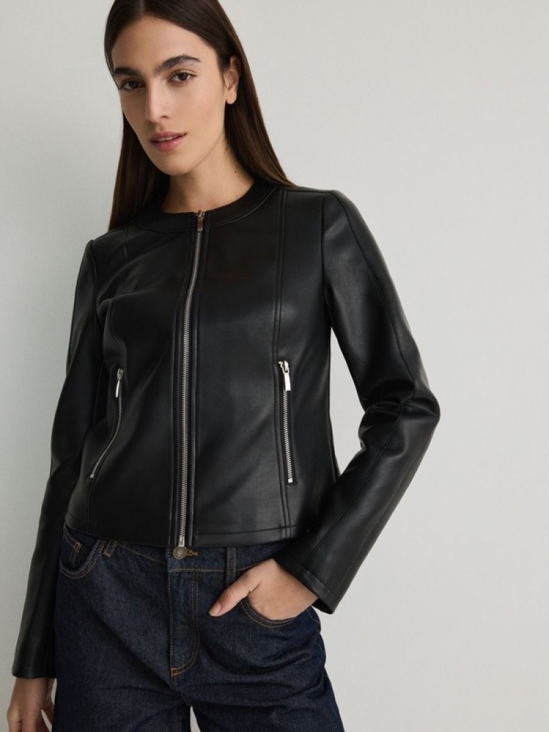 Reserved Faux Leren Biker Jassen Dames Zwart | HLEDV-4057