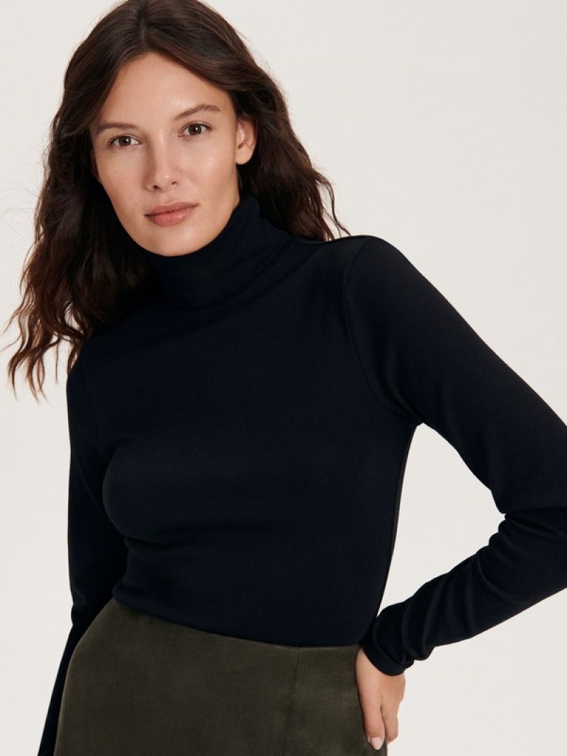 Reserved Katoenen Rich Turtleneck T-shirts Dames Zwart | HGACR-8345