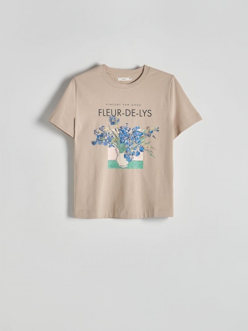 Reserved Katoenen T-print T-shirts Dames Beige | CQASW-6124