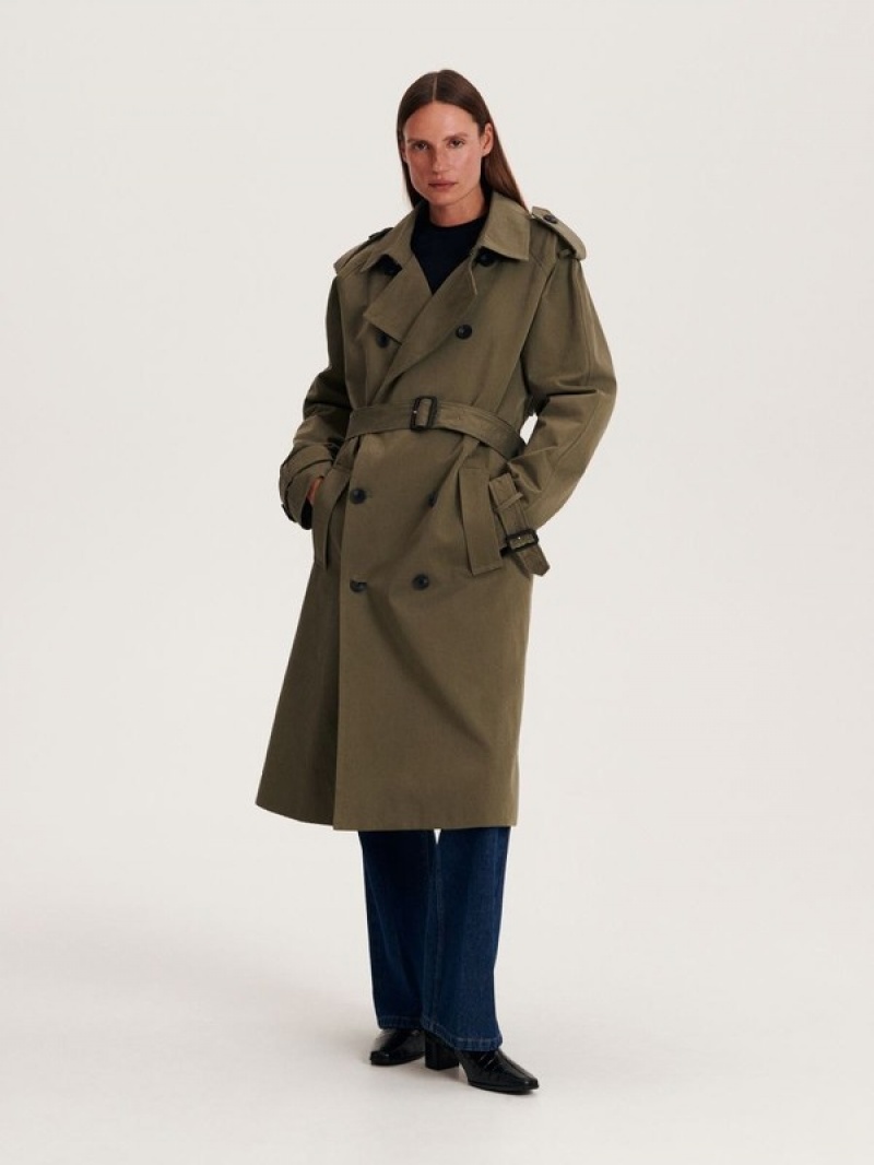 Reserved Katoenen Trench Jassen Dames Groen | YTKEL-0319