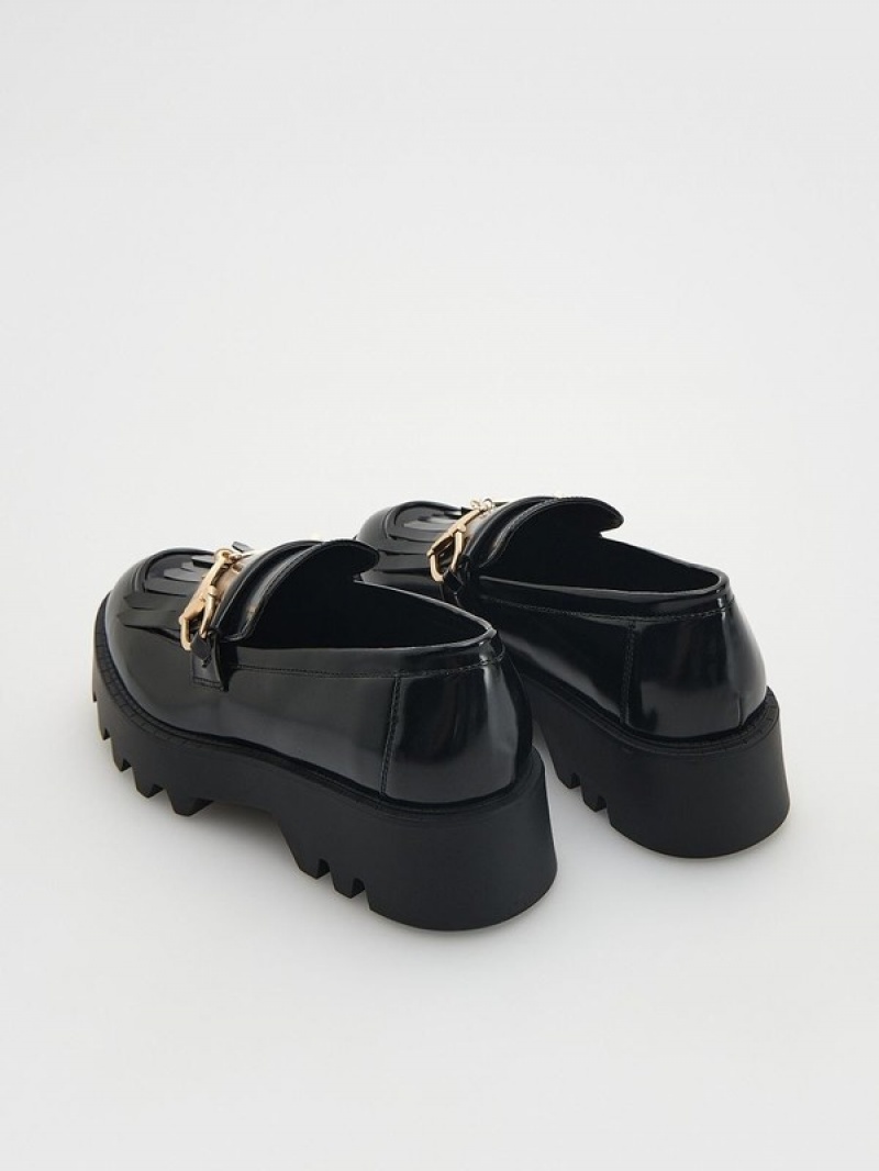 Reserved Leren Loafers Dames Zwart | PRTZQ-0627