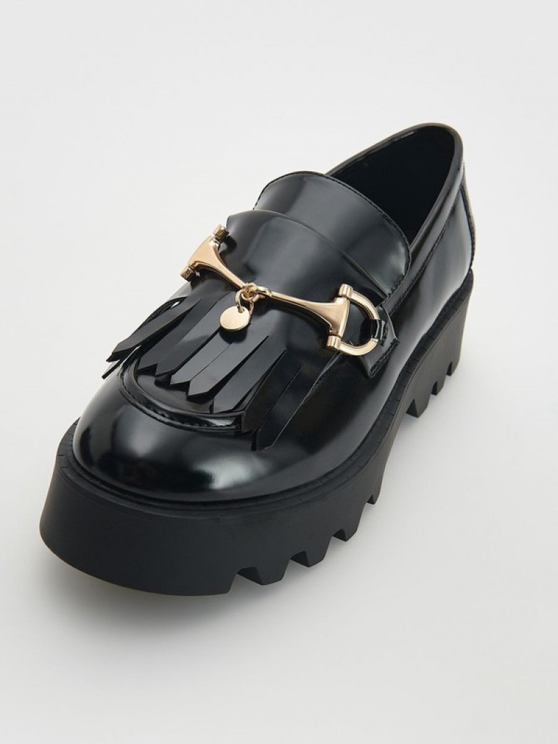 Reserved Leren Loafers Dames Zwart | PRTZQ-0627