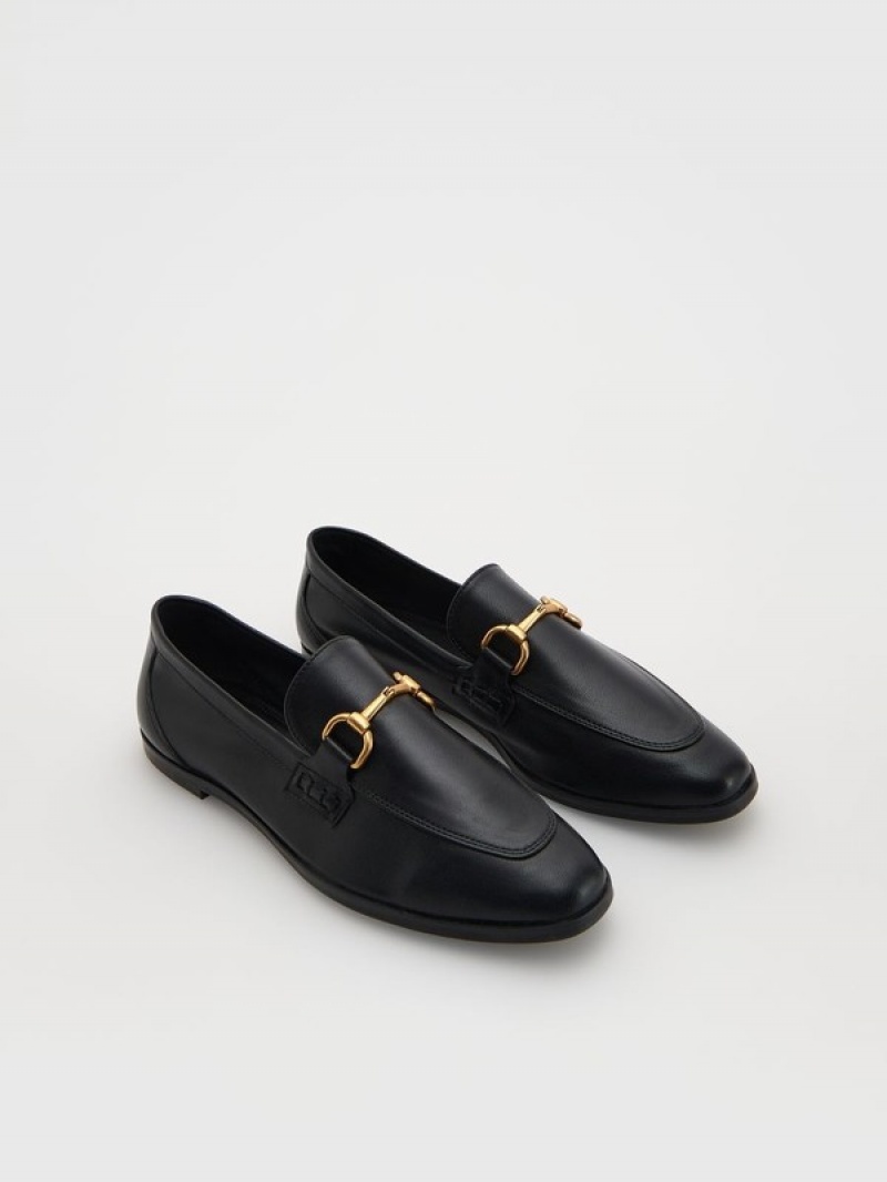 Reserved Leren Loafers Dames Zwart | QWDHM-9672