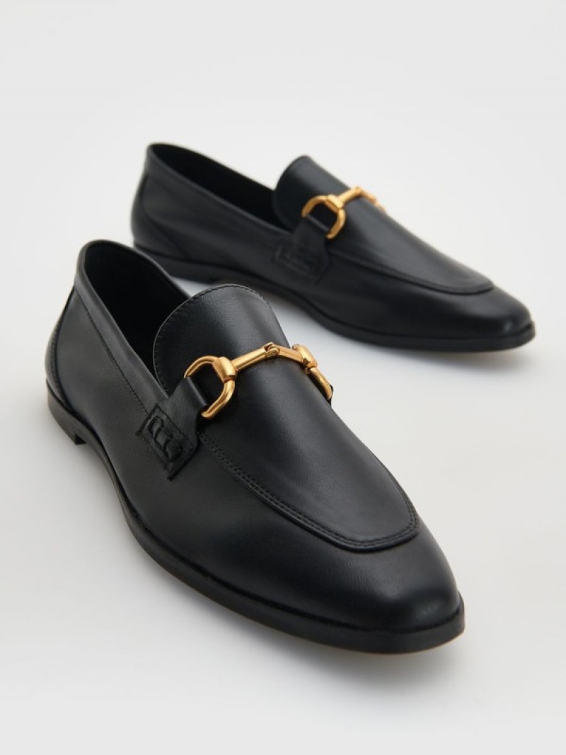 Reserved Leren Loafers Dames Zwart | QWDHM-9672