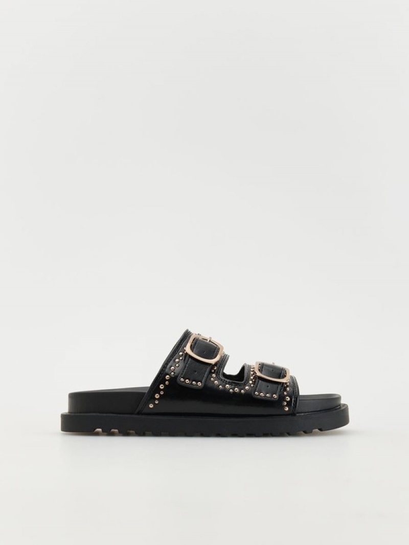 Reserved Leren Slidersbuckles Sandalen Dames Zwart | YWIXH-7164