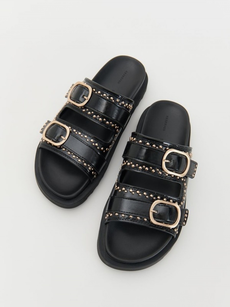 Reserved Leren Slidersbuckles Sandalen Dames Zwart | YWIXH-7164