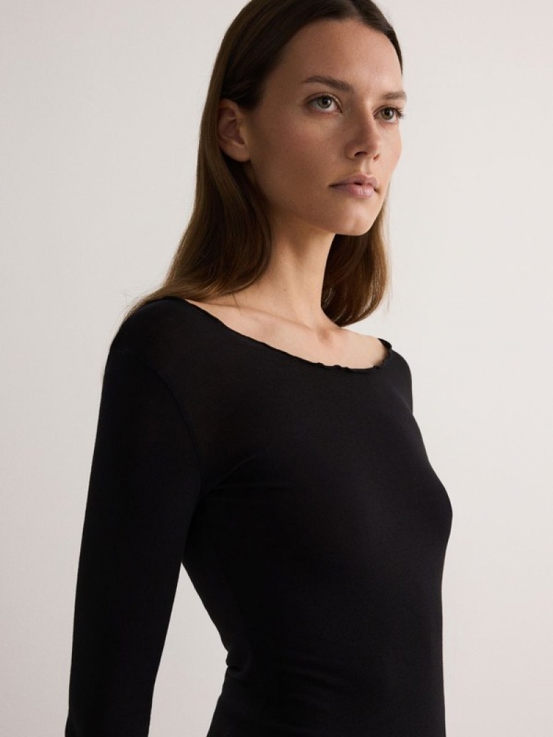 Reserved Long Sleeve Topdecorative Trim Overhemd Dames Zwart | IMWDR-9387