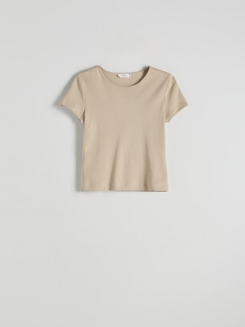 Reserved Mercerised Organic Katoenen T-shirts Dames Beige | ZHEMQ-6743