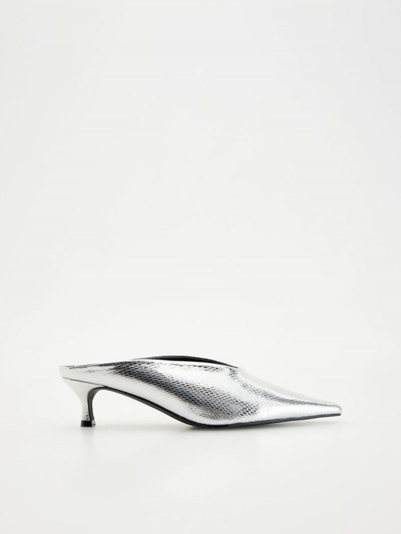 Reserved Metallic Leren Mules Hakken Dames Zilver | JNVRD-6912