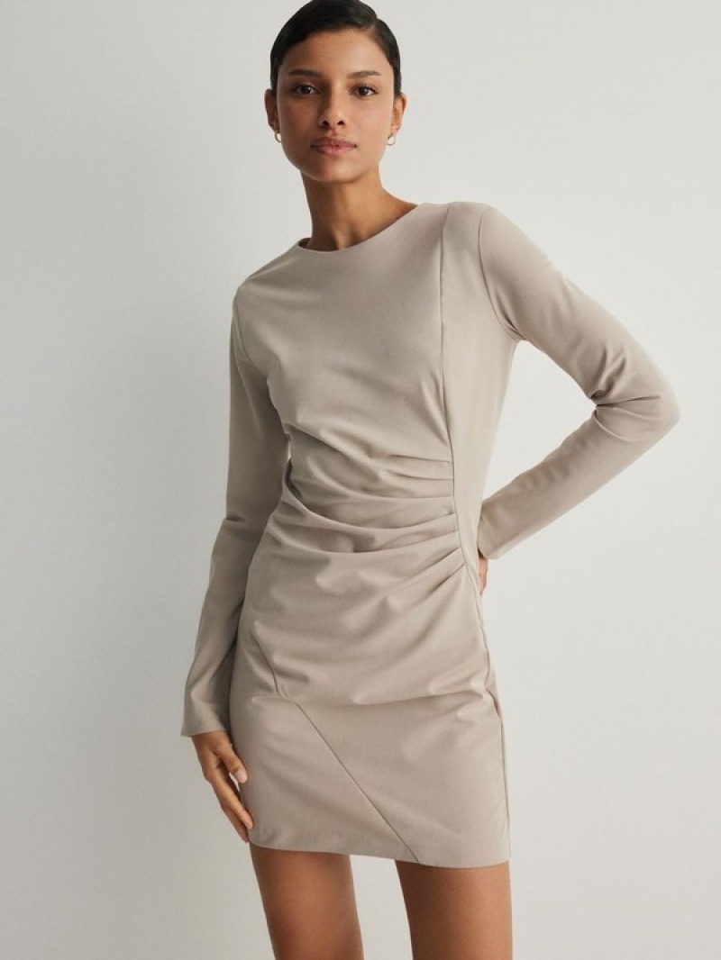 Reserved Minigathered Details Jurk Dames Beige | UCNRI-6875