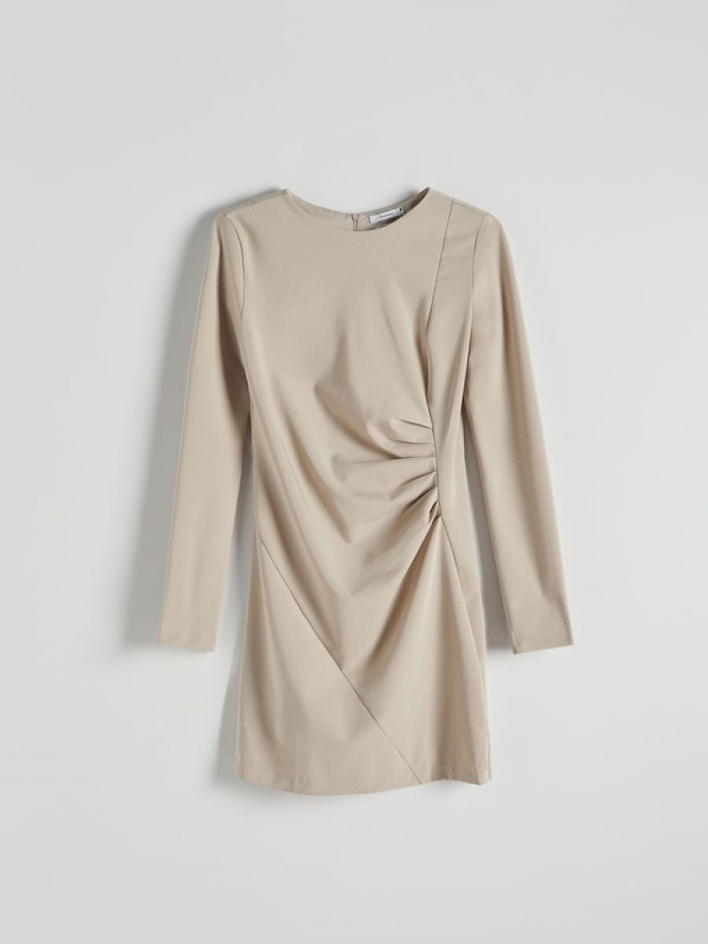 Reserved Minigathered Details Jurk Dames Beige | UCNRI-6875