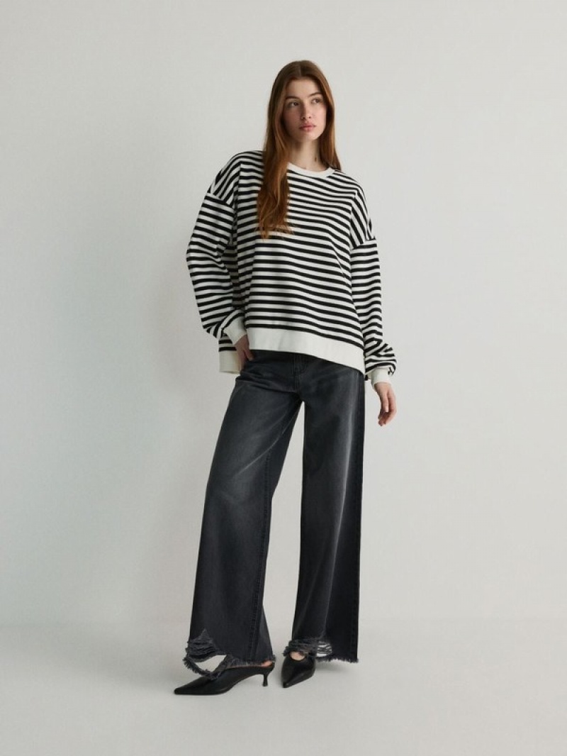 Reserved Oversized Stripe Sweatshirts Dames Zwart | IMOLA-3869