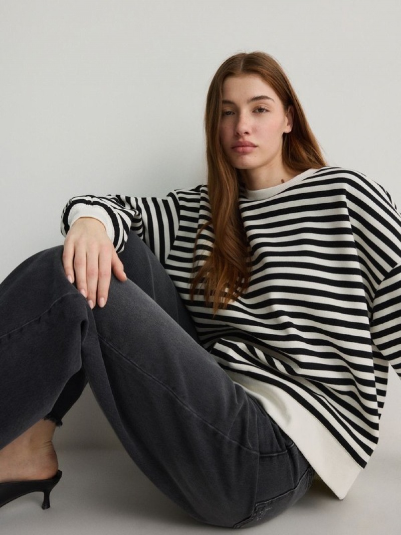 Reserved Oversized Stripe Sweatshirts Dames Zwart | IMOLA-3869