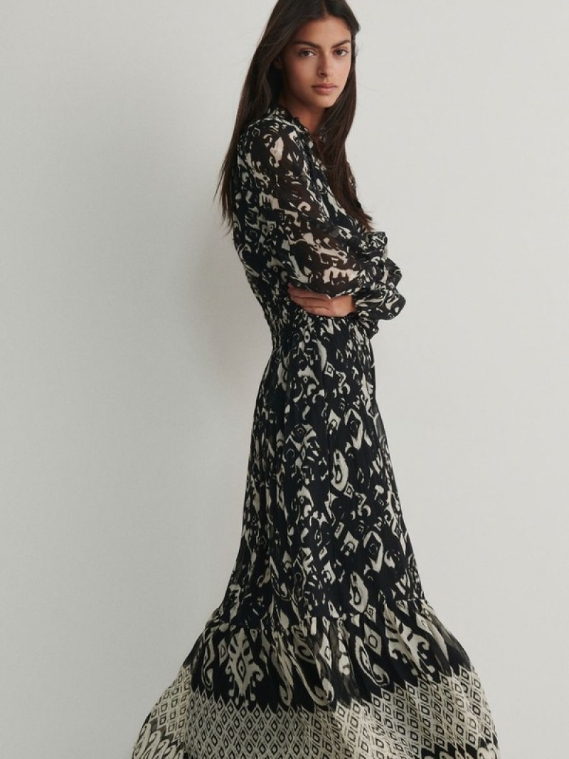 Reserved Patterned Maxi Jurk Dames Zwart | EXNHD-6294