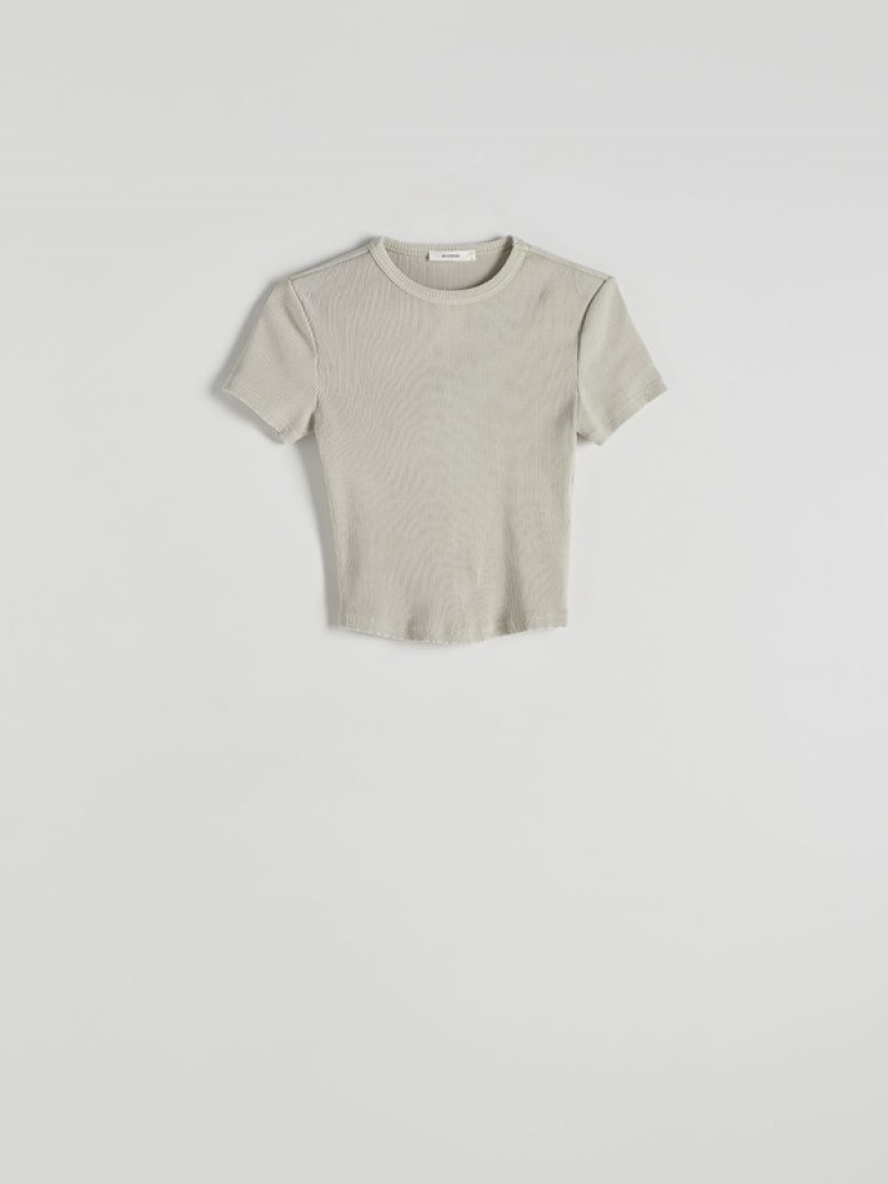 Reserved Rib Knit Katoenen Rich T-shirts Dames Beige | HLOZC-7958