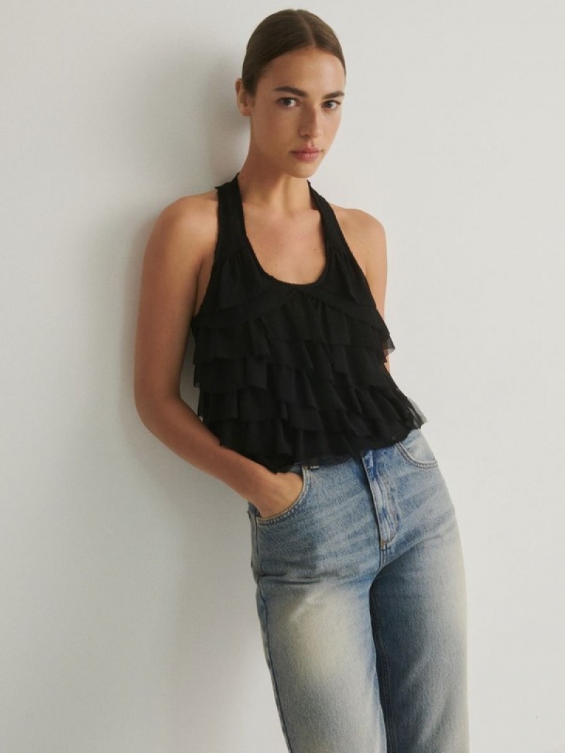 Reserved Ruffle Top T-shirts Dames Zwart | TYFVS-3489