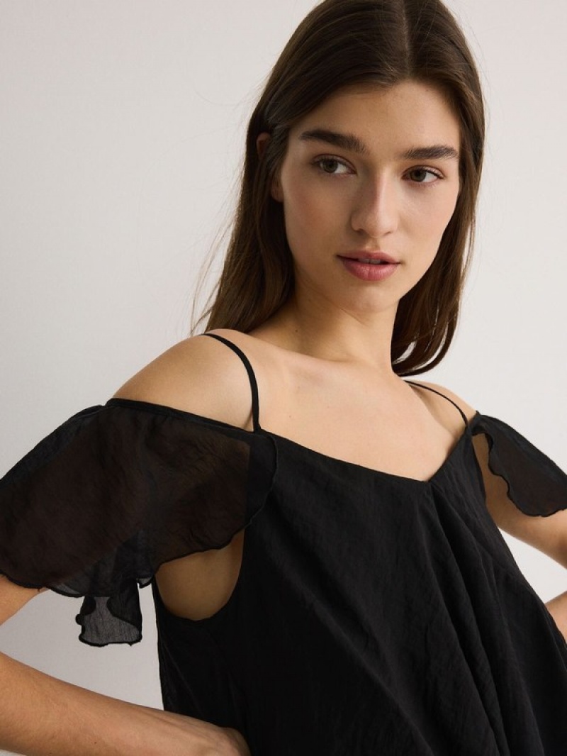 Reserved Ruffle T-shirts Dames Zwart | MUOIH-6873