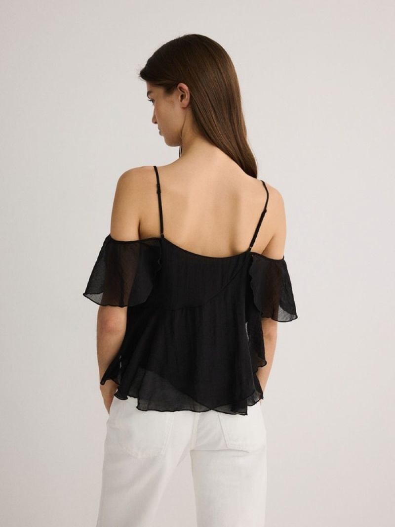 Reserved Ruffle T-shirts Dames Zwart | MUOIH-6873