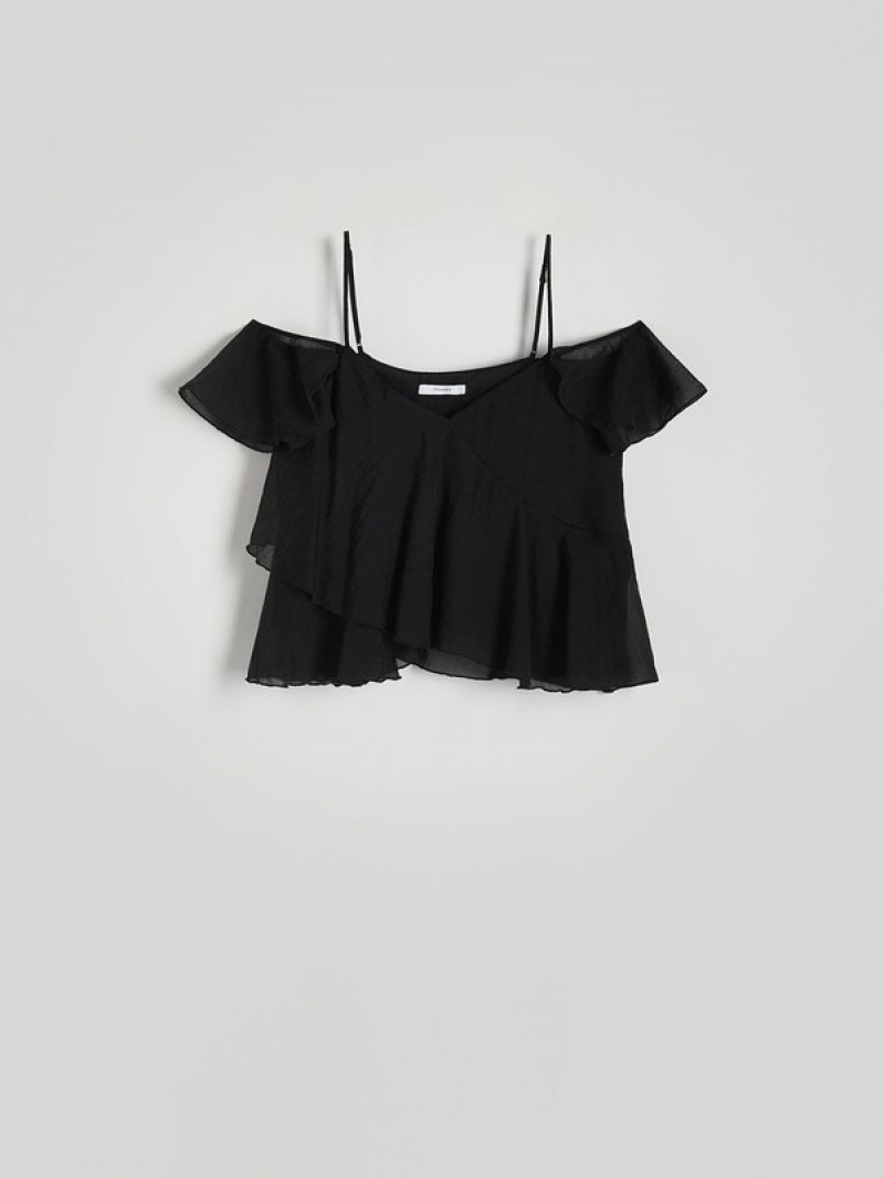 Reserved Ruffle T-shirts Dames Zwart | MUOIH-6873