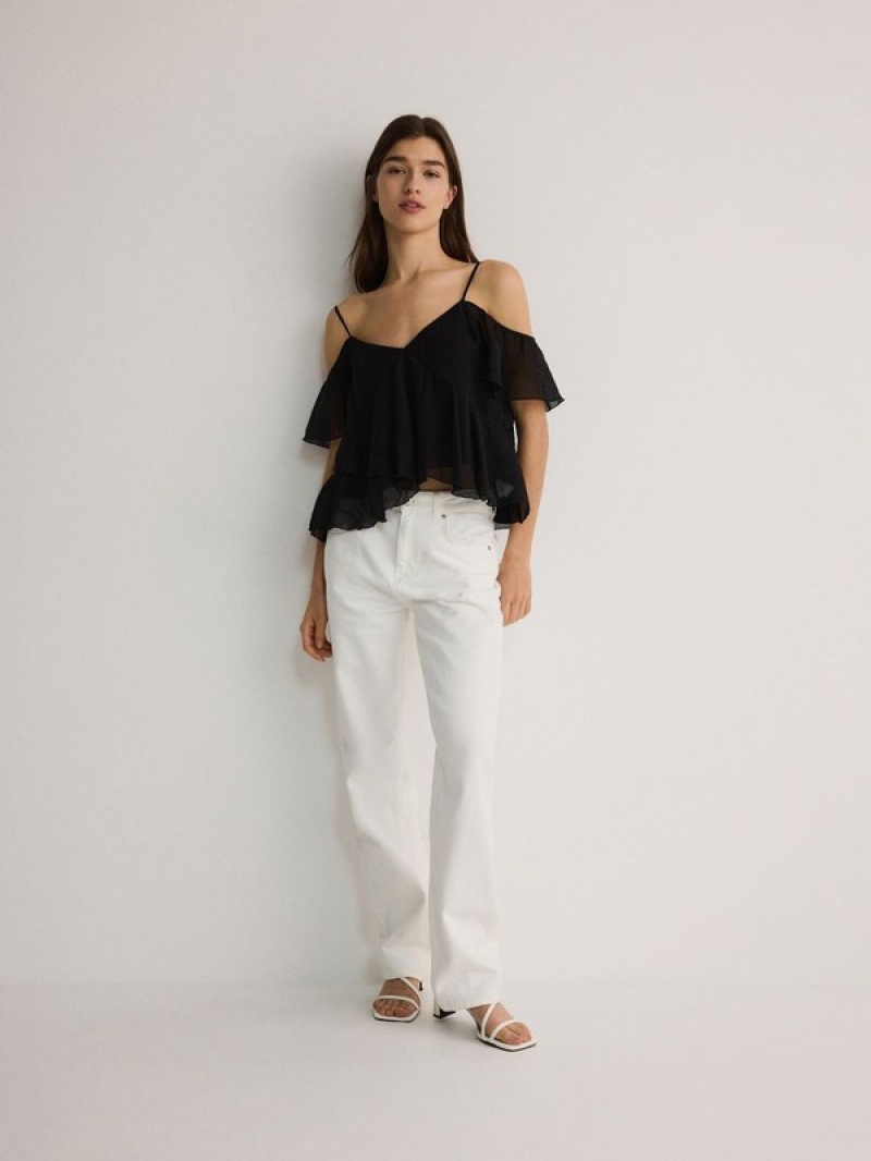 Reserved Ruffle T-shirts Dames Zwart | MUOIH-6873