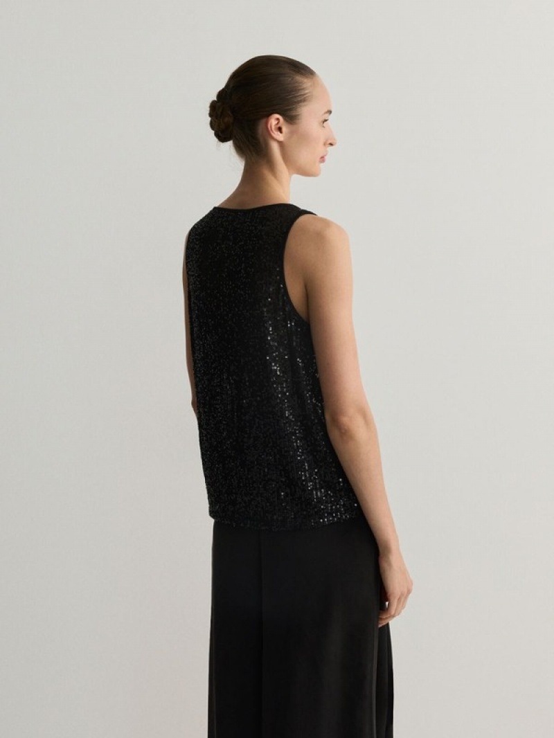 Reserved Sequin Top Overhemd Dames Zwart | RZJQL-3490