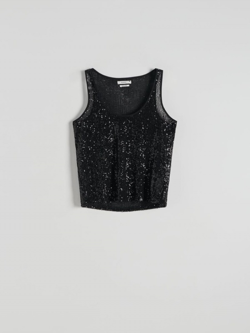 Reserved Sequin Top Overhemd Dames Zwart | RZJQL-3490