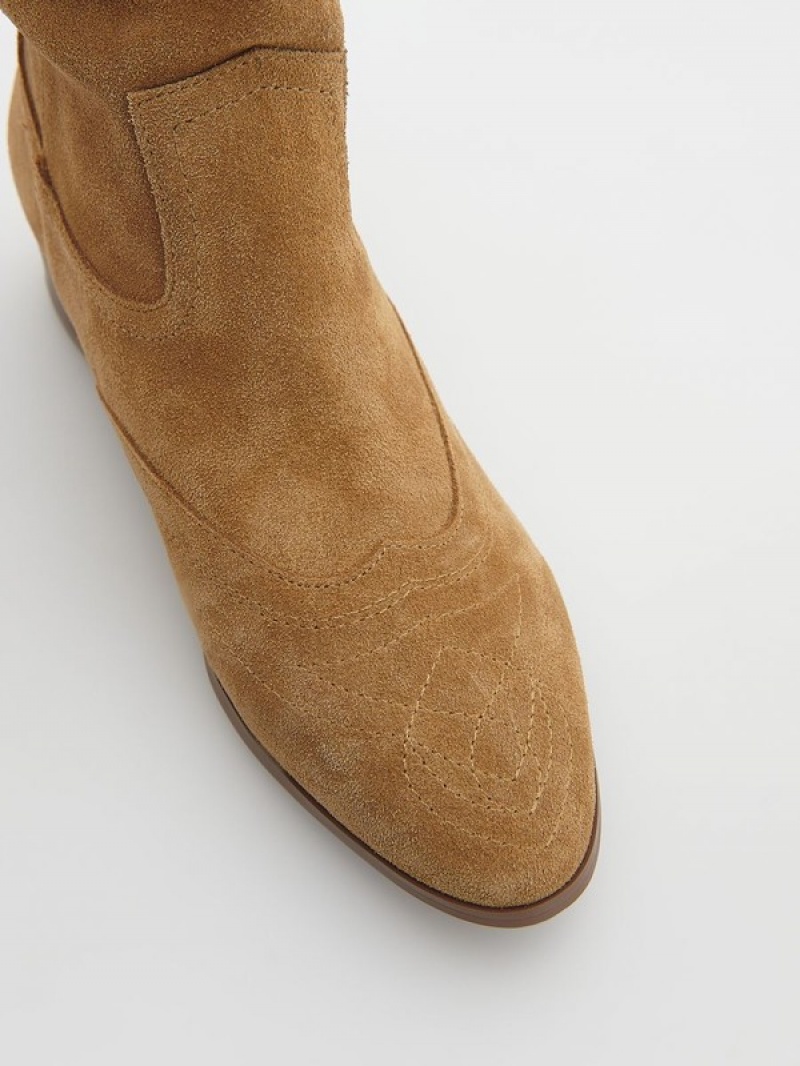 Reserved Suede Cowboy Boots Enkellaarzen Dames Beige | AQOKN-3862