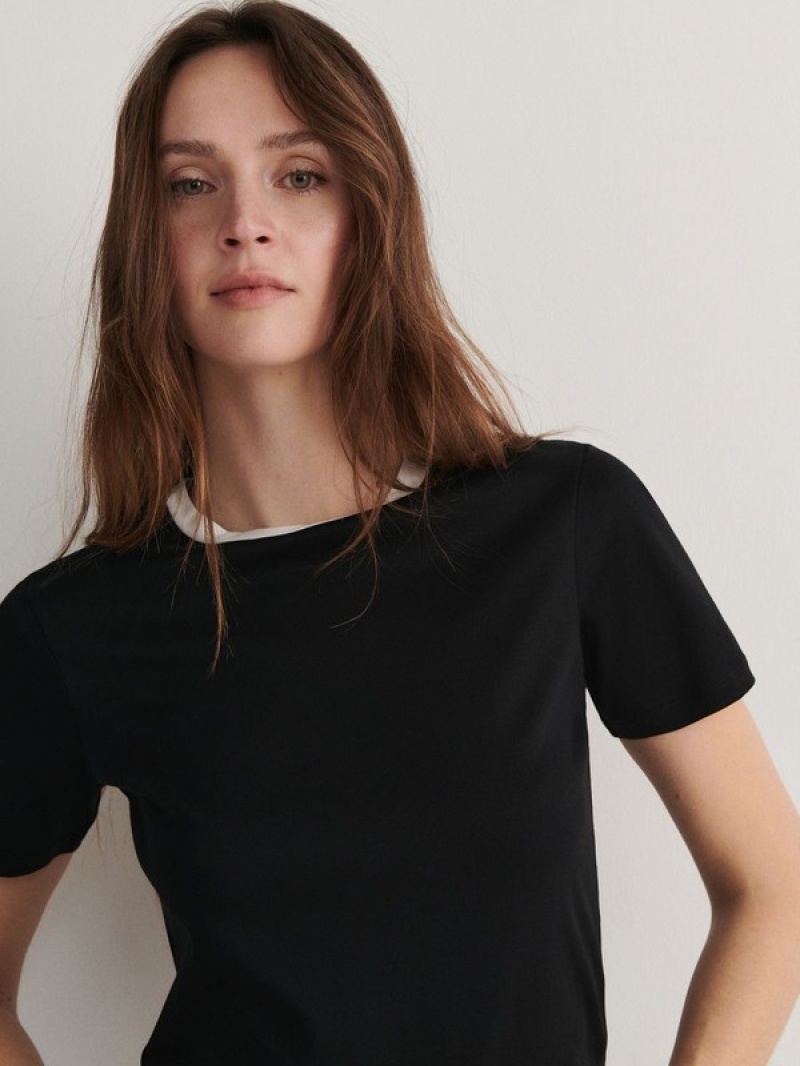 Reserved T-contrasting Trim T-shirts Dames Zwart | IEYLN-9420