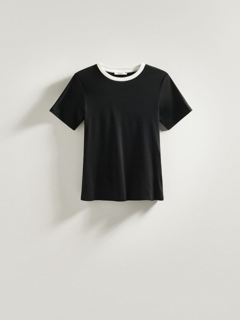 Reserved T-contrasting Trim T-shirts Dames Zwart | IEYLN-9420